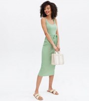 New Look Tall Light Green Ribbed Belted Midi Dress